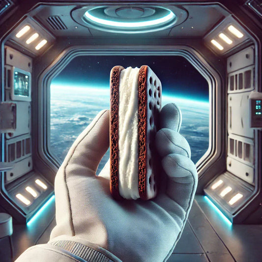 Ice Cream Sandwich in Space ship hold by an astronaut glove 